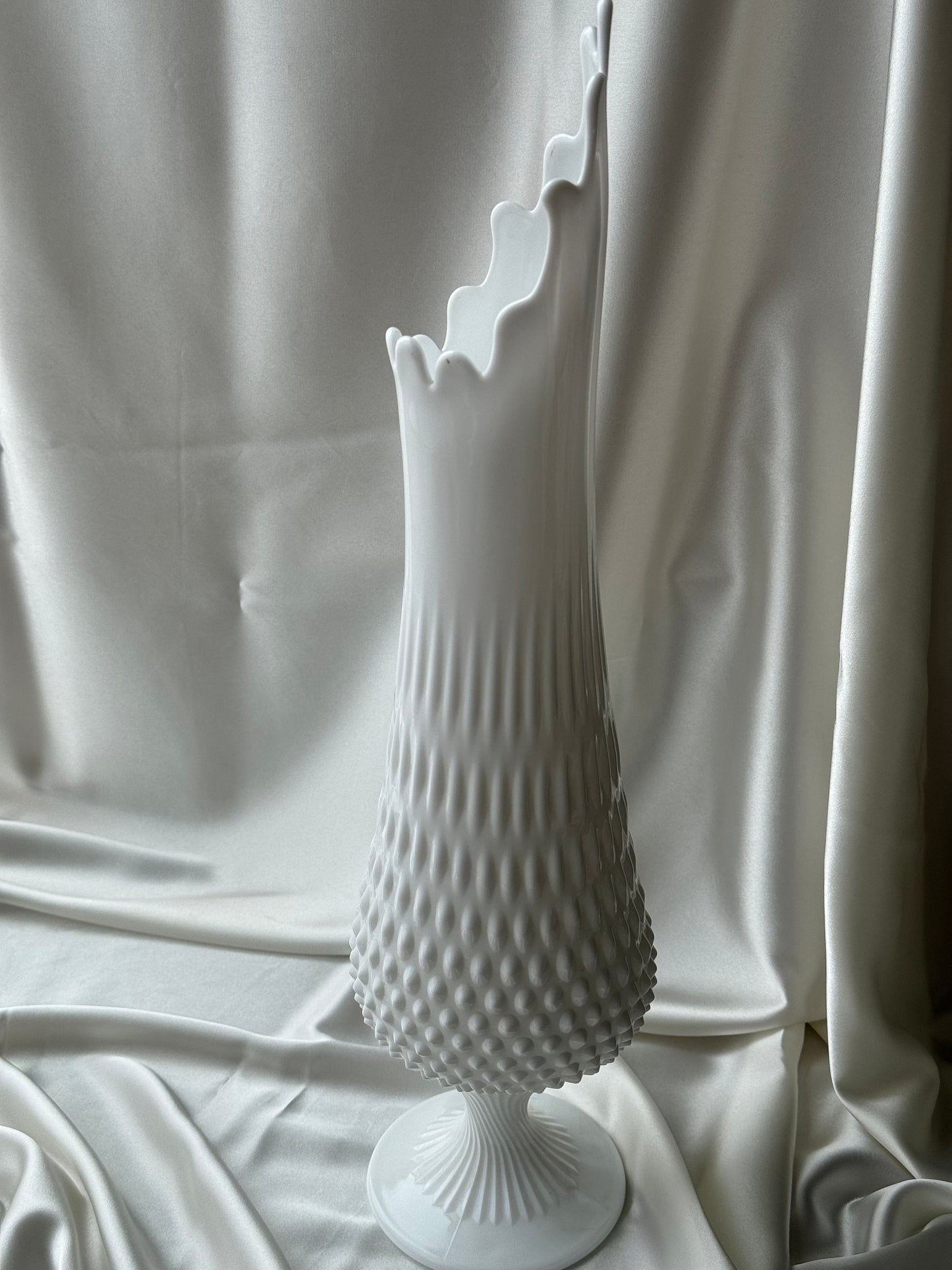 MCM Large Fenton Footed Hobnail Milkglass Wide Mouth Swung Vase 20”