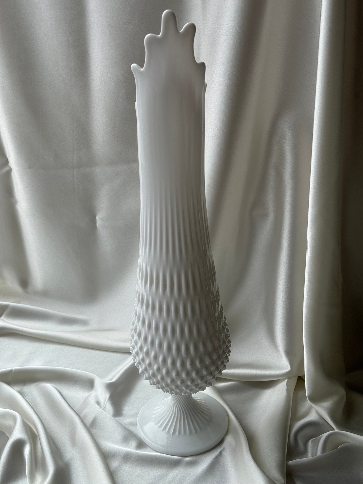 MCM Large Fenton Footed Hobnail Milkglass Wide Mouth Swung Vase 20”