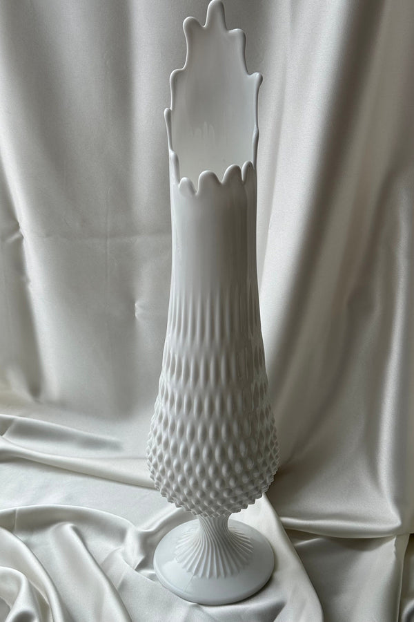 MCM Large Fenton Footed Hobnail Milkglass Wide Mouth Swung Vase 20”