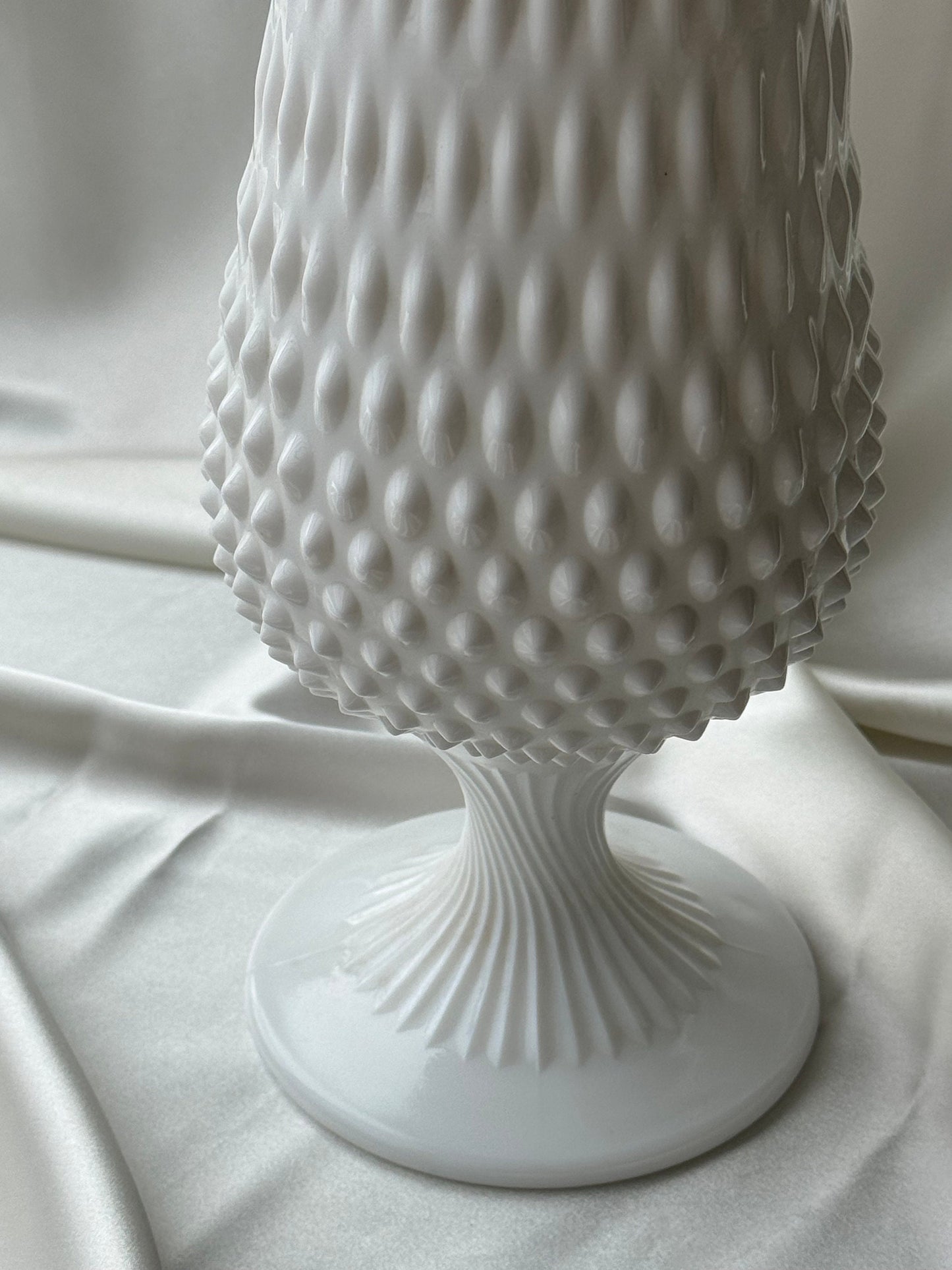 MCM Large Fenton Footed Hobnail Milkglass Wide Mouth Swung Vase 20”