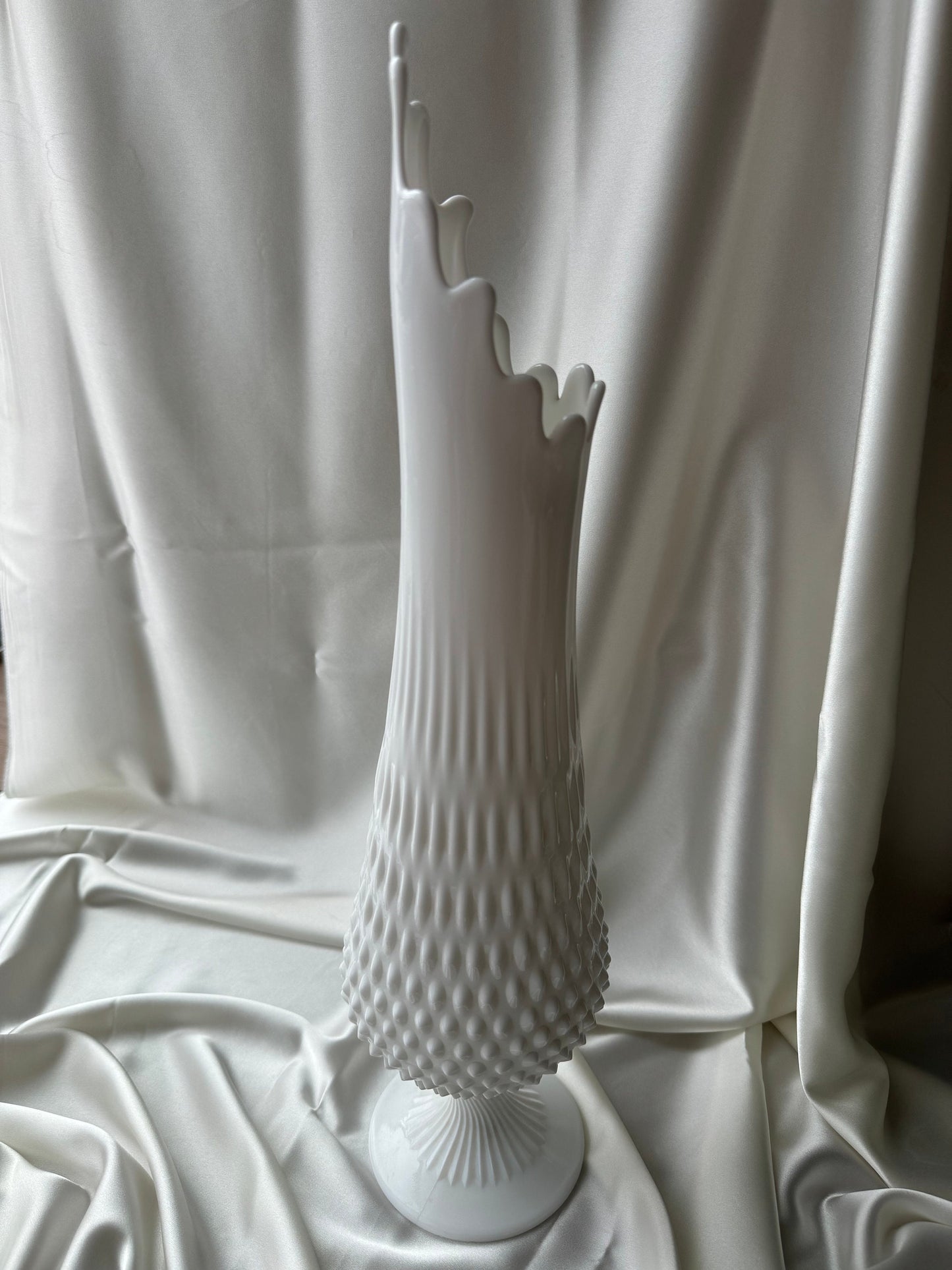 MCM Large Fenton Footed Hobnail Milkglass Wide Mouth Swung Vase 20”