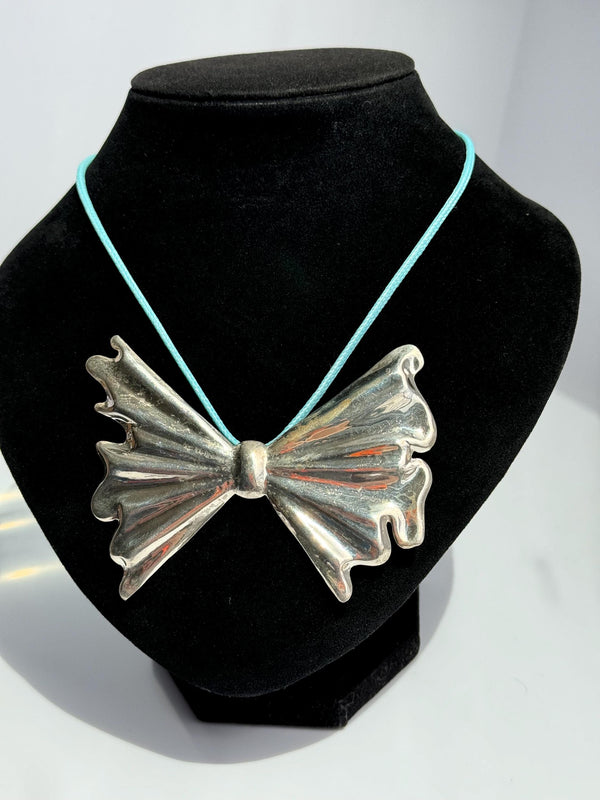 Vintage Taxco Mexico Giant Sterling Silver Bow Necklace and Pin Combo