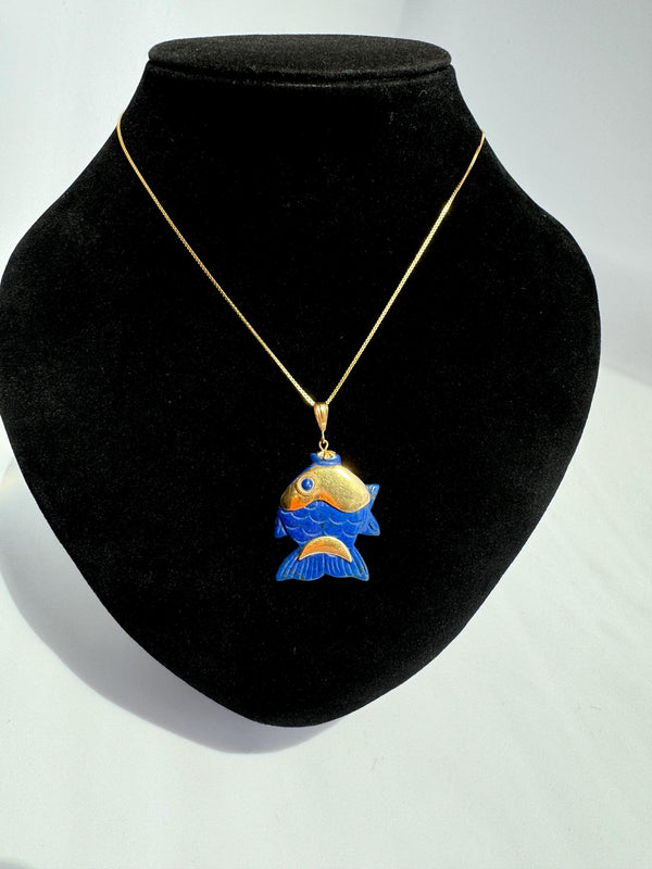 Vintage Estate Lapis and 18k Hold Fish Pendant