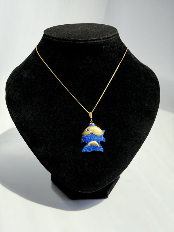 Vintage Estate Lapis and 18k Hold Fish Pendant