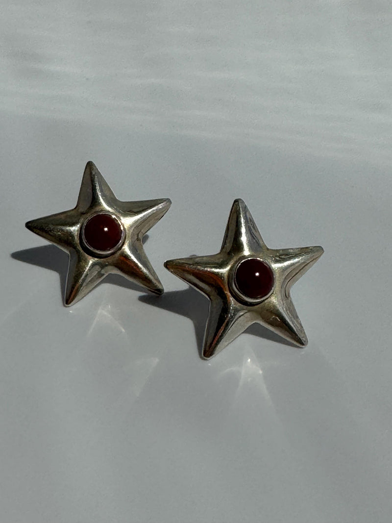 Vintage Taxco Mexico Sterling Silver and Red Jasper Star Earrings