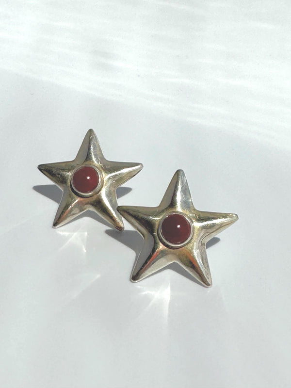 Vintage Taxco Mexico Sterling Silver and Red Jasper Star Earrings