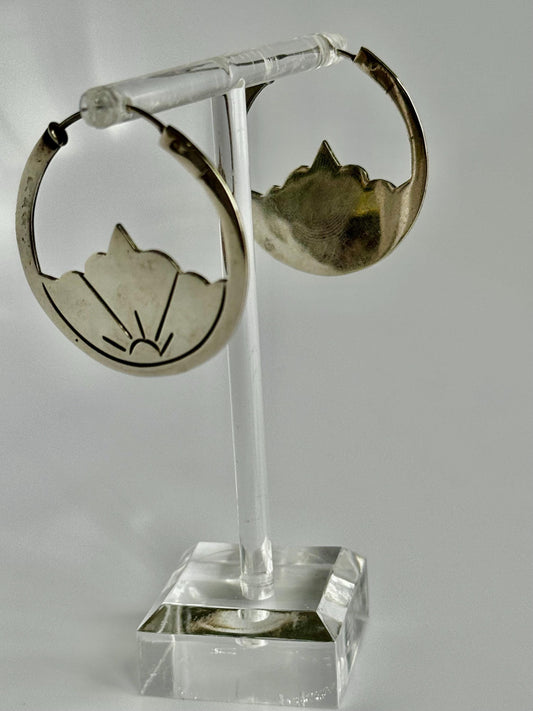 Vintage Sterling Silver Taxco Mexico Hoop Earrings with Lotus Flower Design