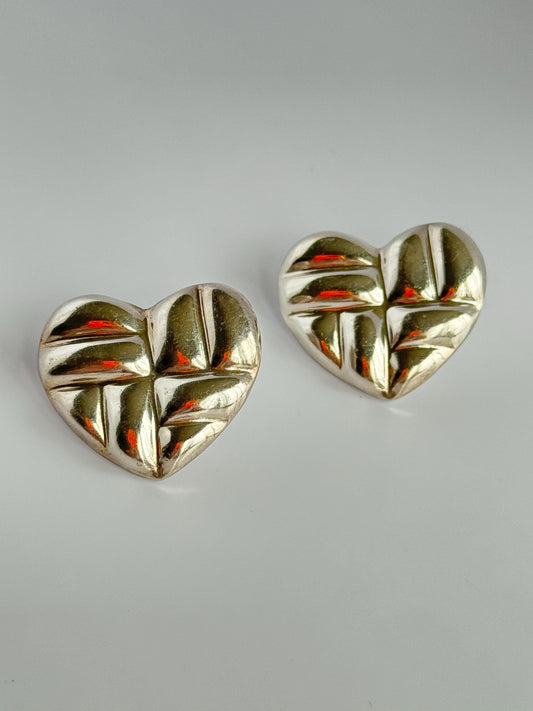 Vintage Estate Sterling Silver Puffy Heart Stud Earrings Mexico Signed