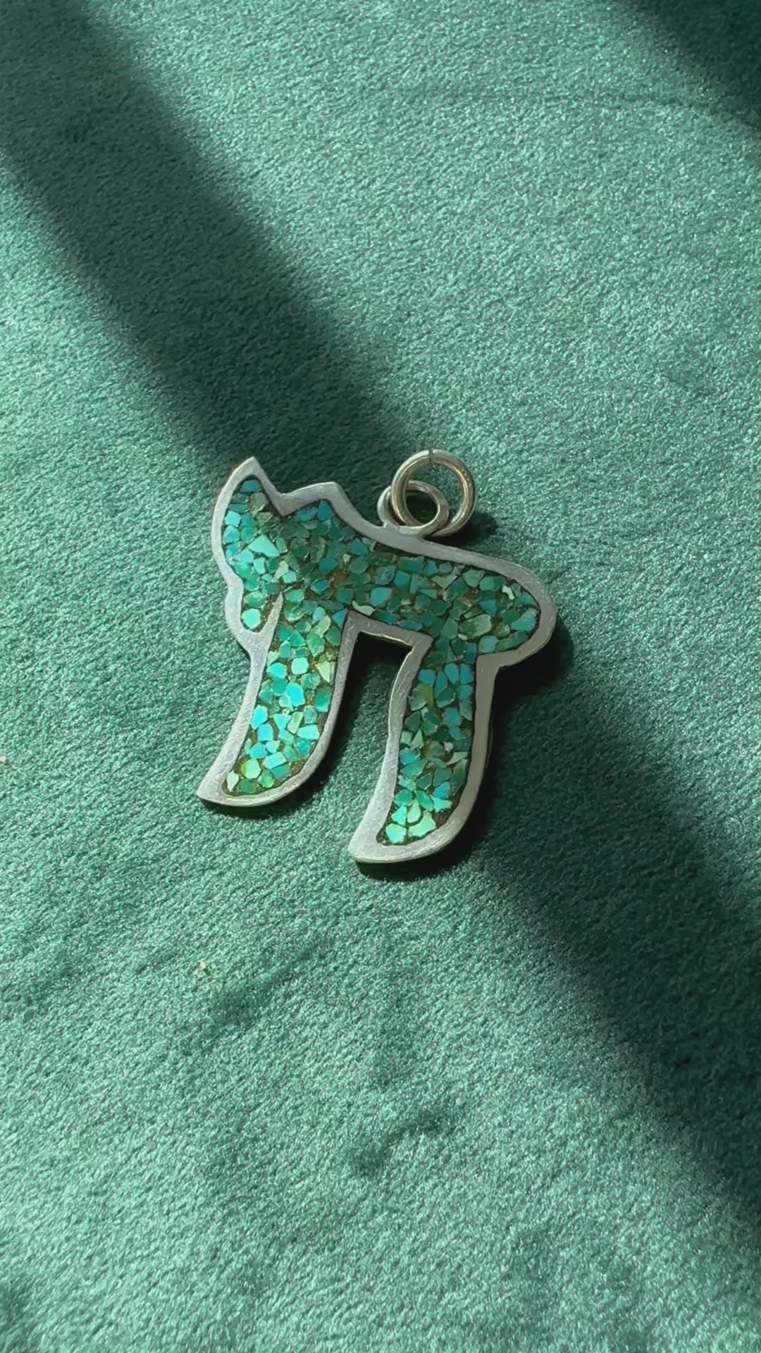 Estate vintage sterling silver Chai pendant with turquoise mosaic inlay, Hebrew life symbol, 1.5 inches, southwestern style Judaica jewelry