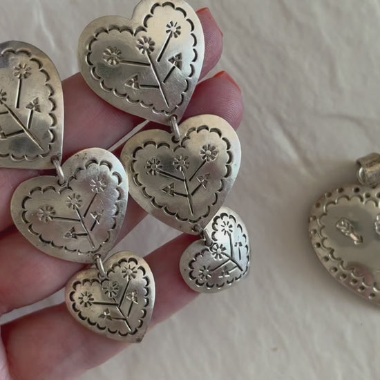 Estate Mexican sterling silver heart jewelry set with triple dangle earrings and matching pendant, hand-stamped folk designs, 925 hallmarks