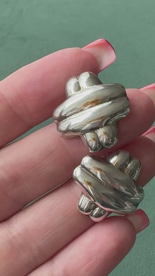 Vintage Sterling Silver Chunky Sculptural X Crossover Earrings Bold Geometric Y2K Energy