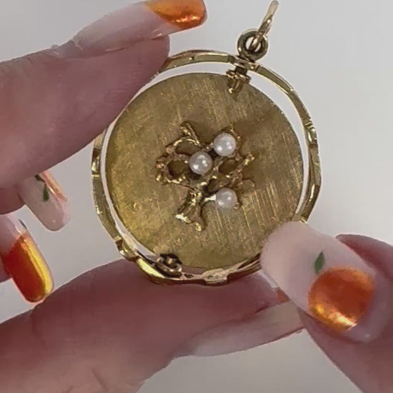 14K gold mechanical rotating Tree of Life anniversary pendant with pearls, flips to reveal Happy Anniversary message, vintage dual-sided jewelry