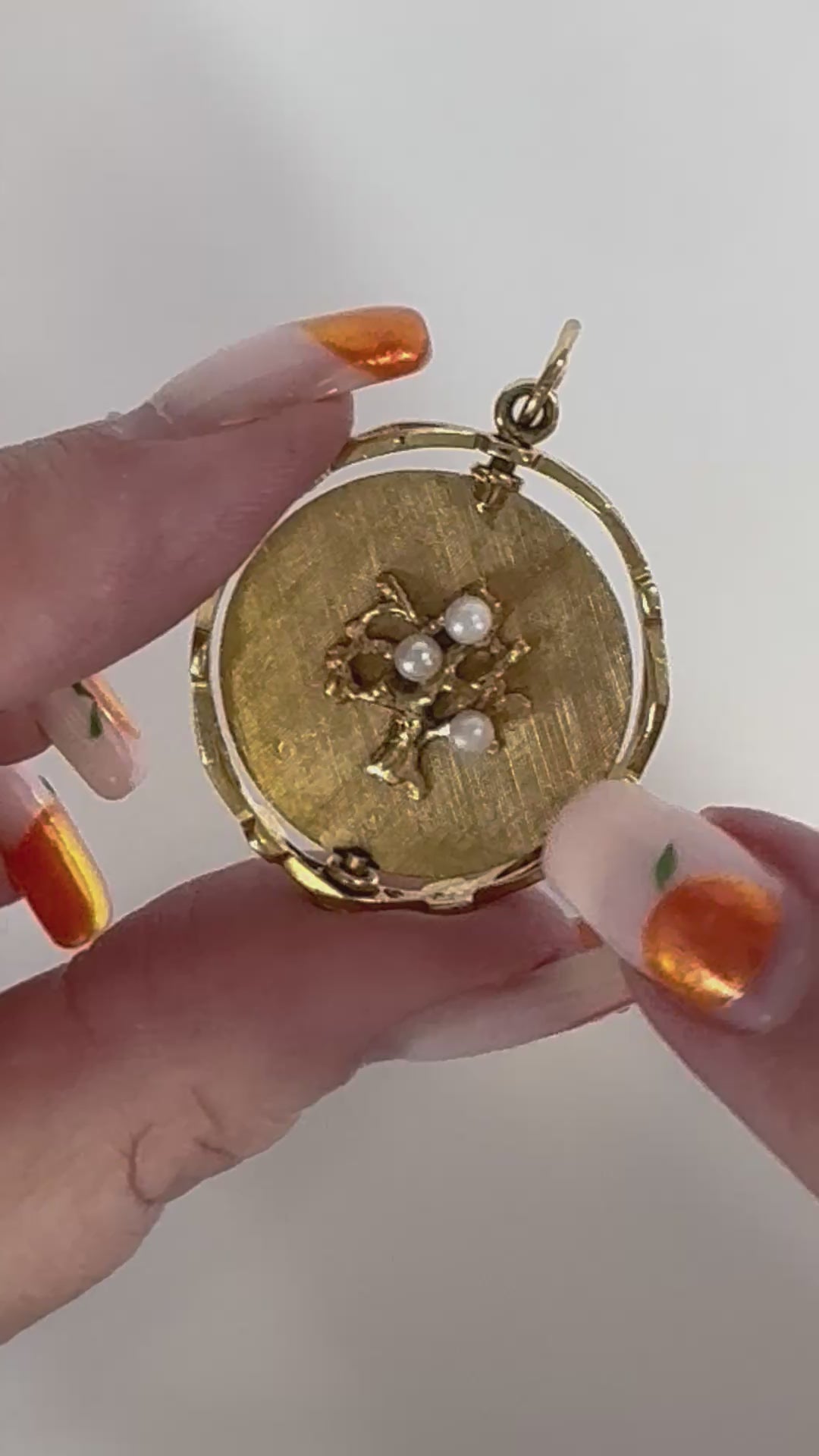 14K gold mechanical rotating Tree of Life anniversary pendant with pearls, flips to reveal Happy Anniversary message, vintage dual-sided jewelry