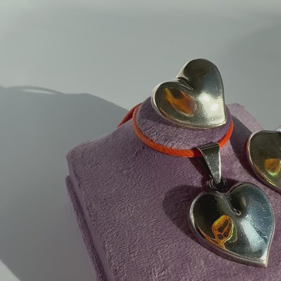 Vintage Mexican sterling silver puffy heart earrings and pendant set with mirror finish