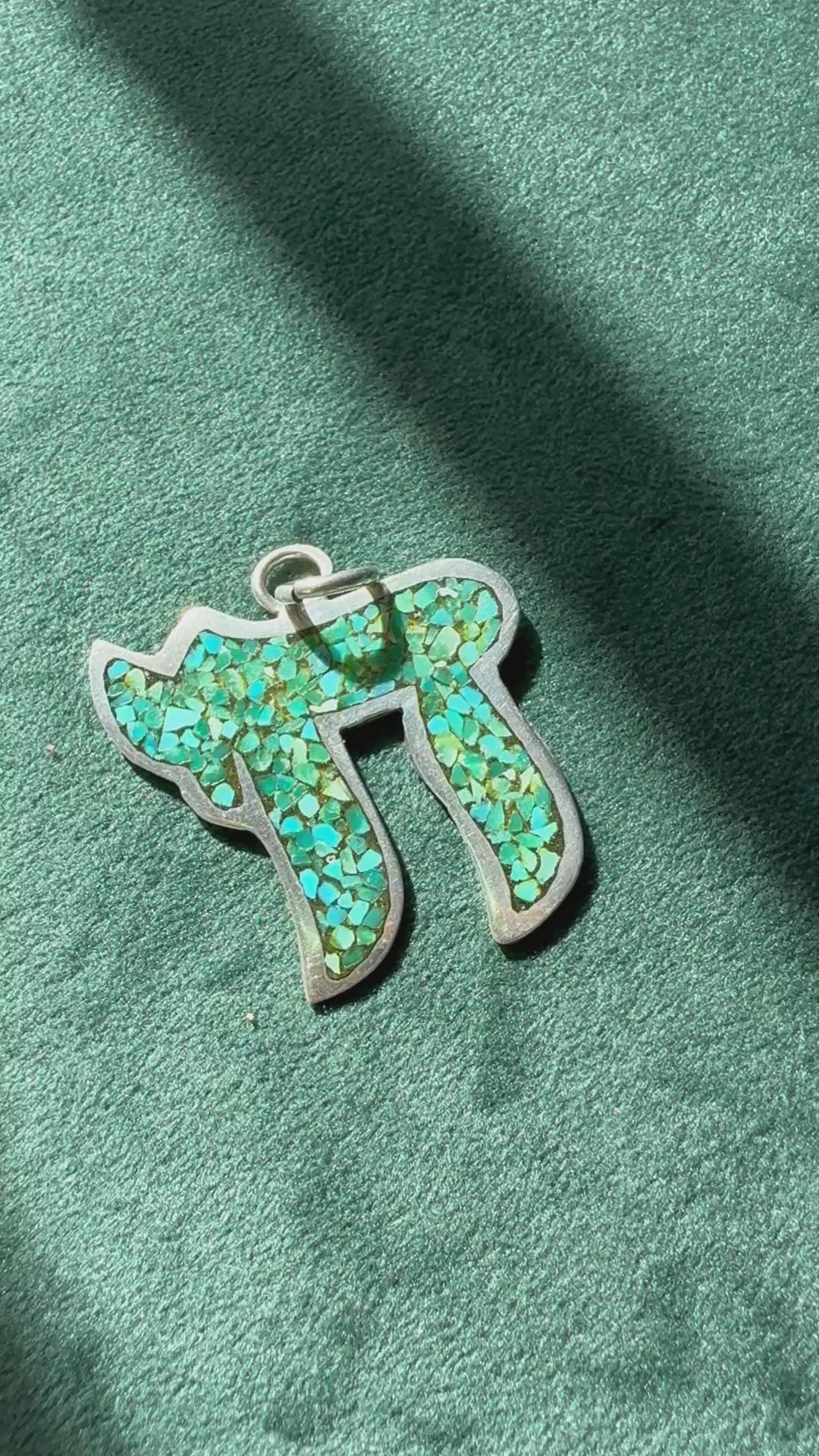 Estate vintage sterling silver Chai pendant with turquoise mosaic inlay, Hebrew life symbol, 1.5 inches, southwestern style Judaica jewelry