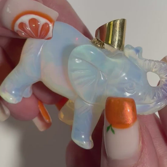
Large hand carved opal elephant pendant with 14K gold bail, trunk up position, estate jewelry good luck charm