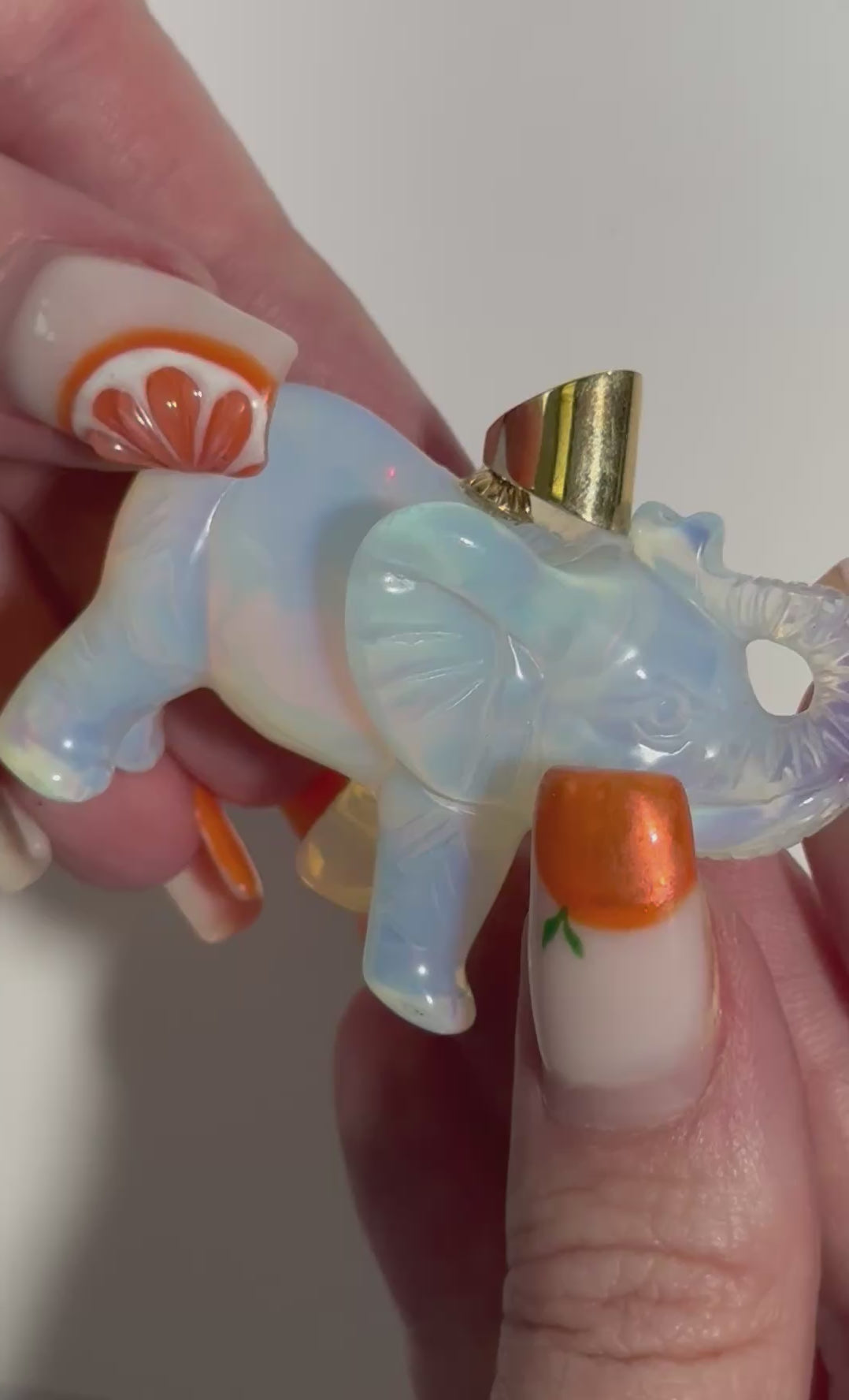 
Large hand carved opal elephant pendant with 14K gold bail, trunk up position, estate jewelry good luck charm