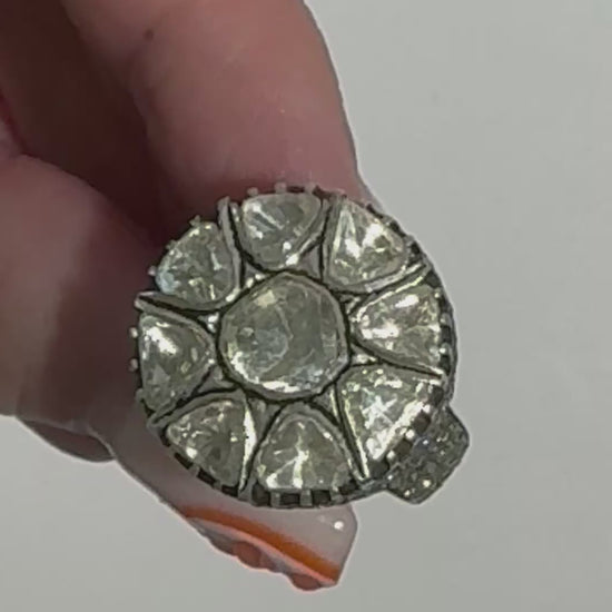 Estate sterling silver Polki rose cut diamond flower ring traditional Indian Mughal style uncut diamonds