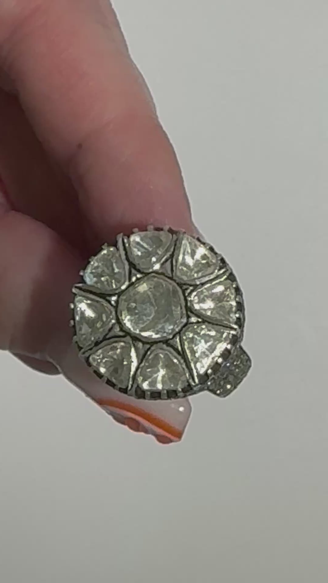 Estate sterling silver Polki rose cut diamond flower ring traditional Indian Mughal style uncut diamonds