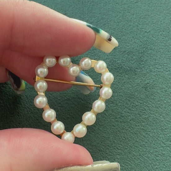 Vintage 14K yellow gold heart brooch with sixteen cultured pearls
