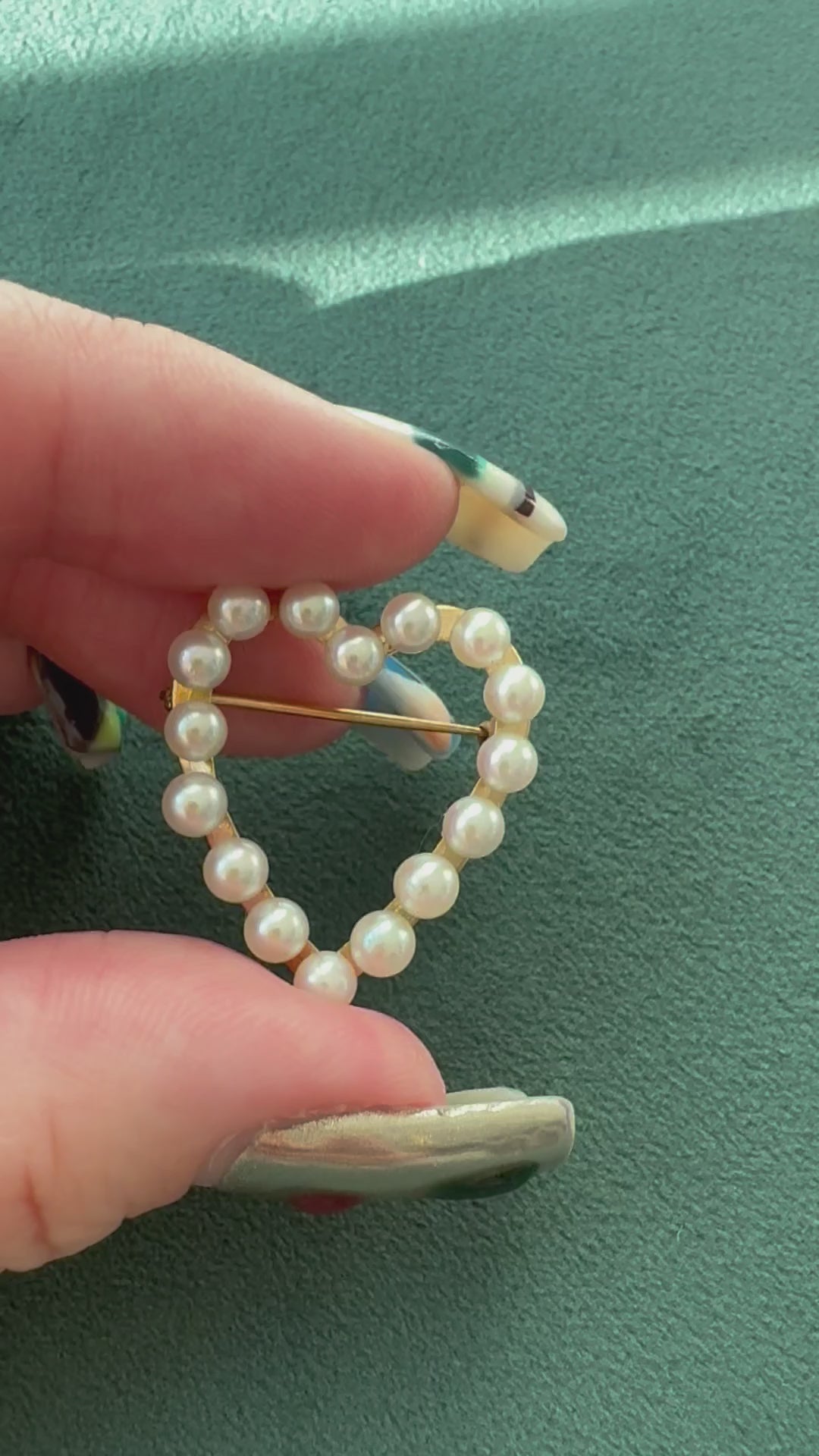 Vintage 14K yellow gold heart brooch with sixteen cultured pearls