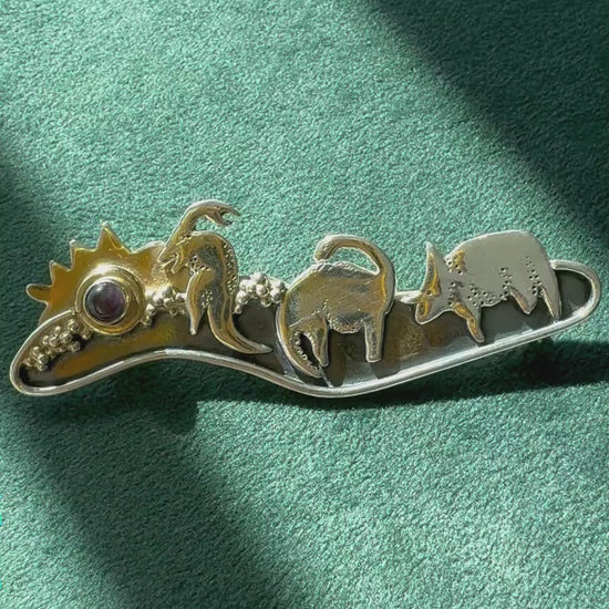 Estate vintage sterling silver dinosaur scene brooch with 14K gold sun and amethyst meteor, handmade artisan mixed metal pin, whimsical extinction event jewelry