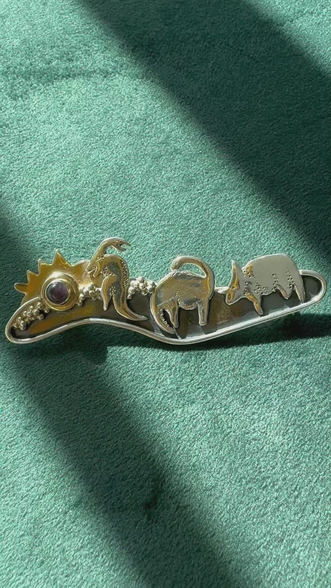 Estate vintage sterling silver dinosaur scene brooch with 14K gold sun and amethyst meteor, handmade artisan mixed metal pin, whimsical extinction event jewelry