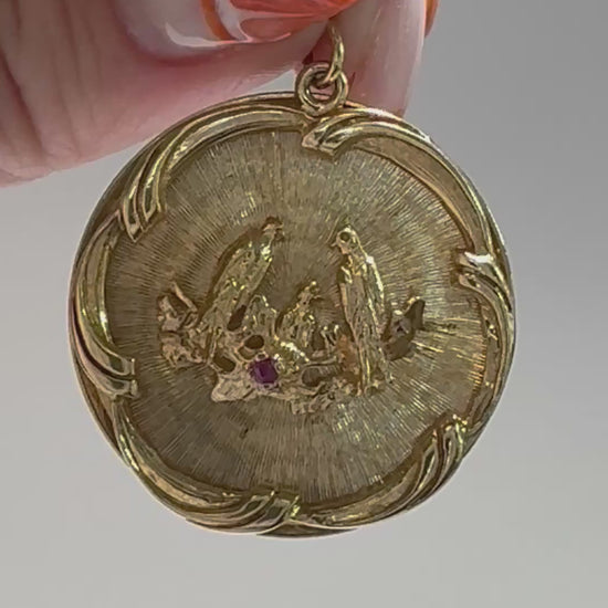 1950s 14K gold love birds medallion pendant with engine turned background and ruby accent, vintage romantic jewelry
