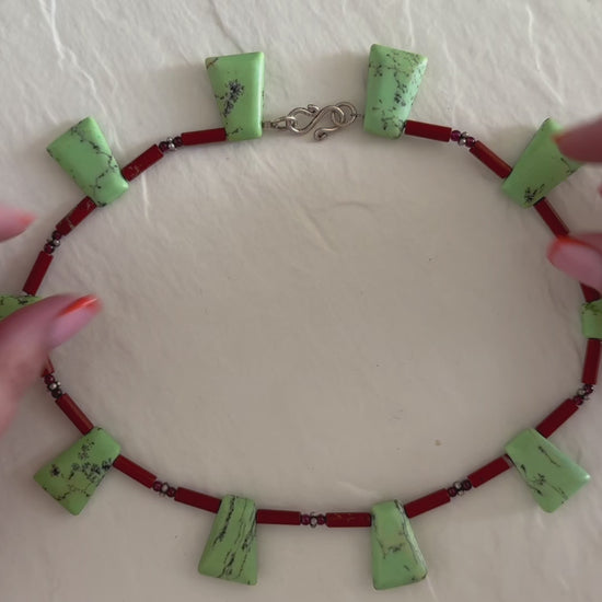 Vintage green aventurine garnet agate sterling silver beaded necklace with black matrix patterns and S-hook clasp from 1970s-80s
Shopify Tags:
vintage aventurine necklace, green aventurine jewelry, garnet necklace, vintage gemstone necklace, sterling silver necklace, 1970s jewelry, 1980s jewelry, bohemian necklace, New Age jewelry, metaphysical jewelry, crystal healing jewelry, vintage boho necklace, estate jewelry, vintage beaded necklace, aventurine garnet necklace, vintage stone necklace, hippie jewelry,