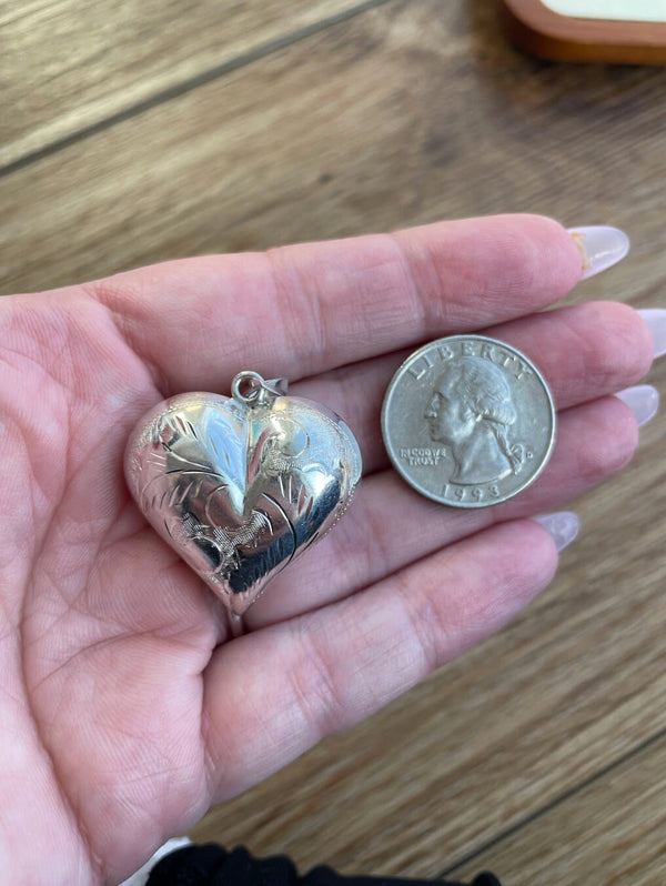 Vintage Sterling Southwestern Puffy Heart Pendant with Scroll Work