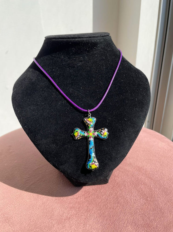 Beautiful Vintage Cloisonne Enamel and Sterling Cross Pendant