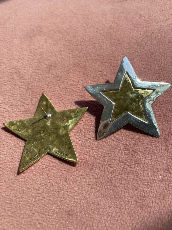 Big Beautiful Vintage Sterling and Brass Star Stud Earrings by Jeep Collins