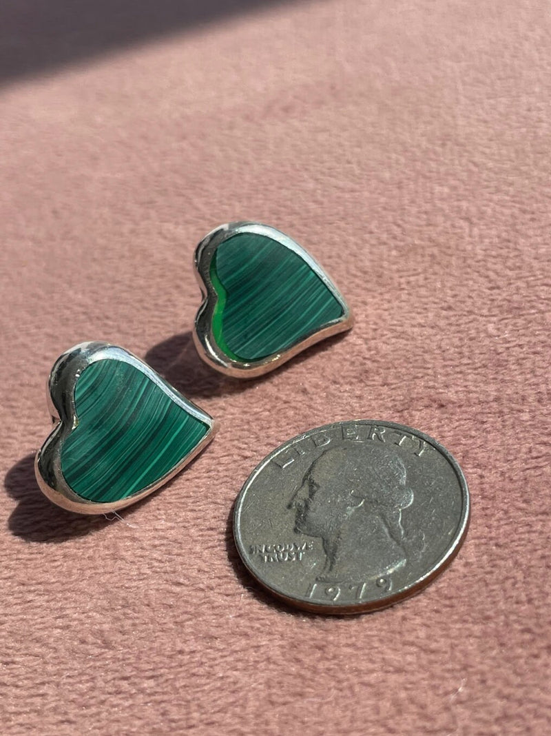 1980’s Malachite and Sterling Silver Inlay Heart Studs Vintage