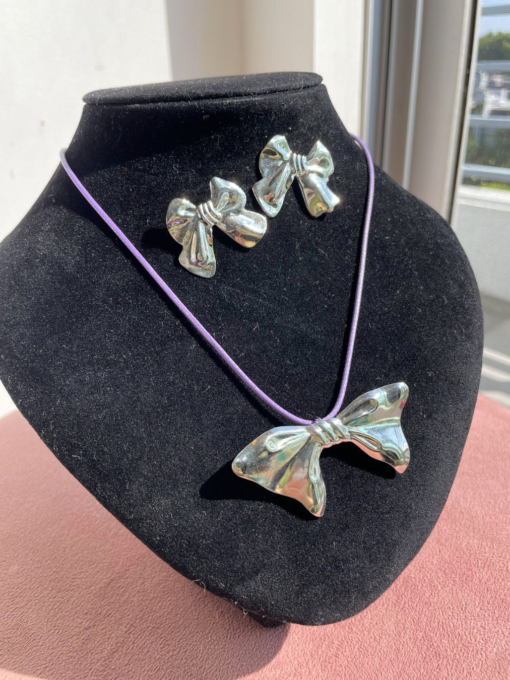 Retro Vintage Sterling Silver Bow Pendant Pin and Earrings Set