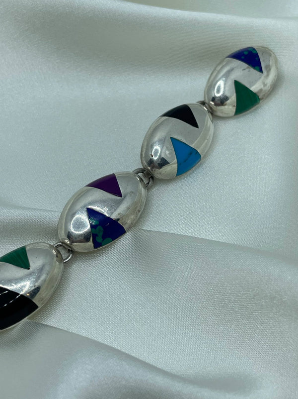 Heavy Vintage Sterling Silver and Colorful Inlay Bracelet from Mexico 32g