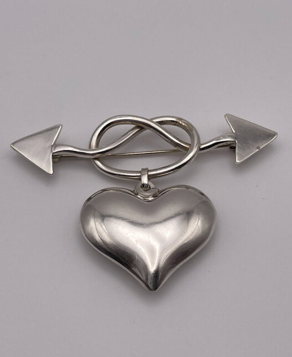 Vintage Love Knot Heart and Arrow Sterling Silver Bow Brooch Pin