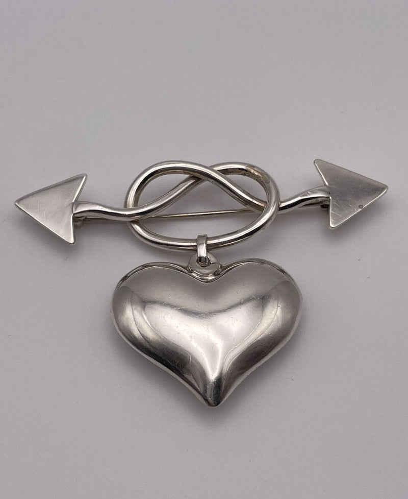 Vintage Love Knot Heart and Arrow Sterling Silver Bow Brooch Pin