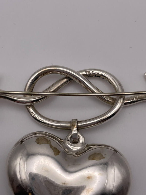 Vintage Love Knot Heart and Arrow Sterling Silver Bow Brooch Pin