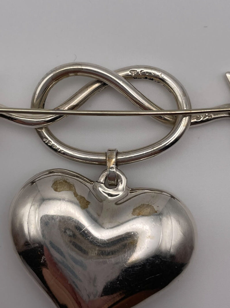 Vintage Love Knot Heart and Arrow Sterling Silver Bow Brooch Pin