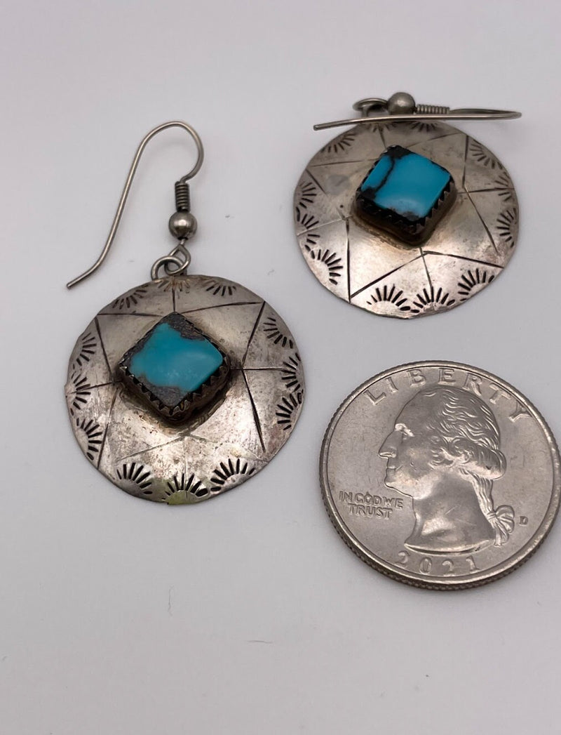Vintage Native American Navajo Sterling and Turquoise Shield Earrings