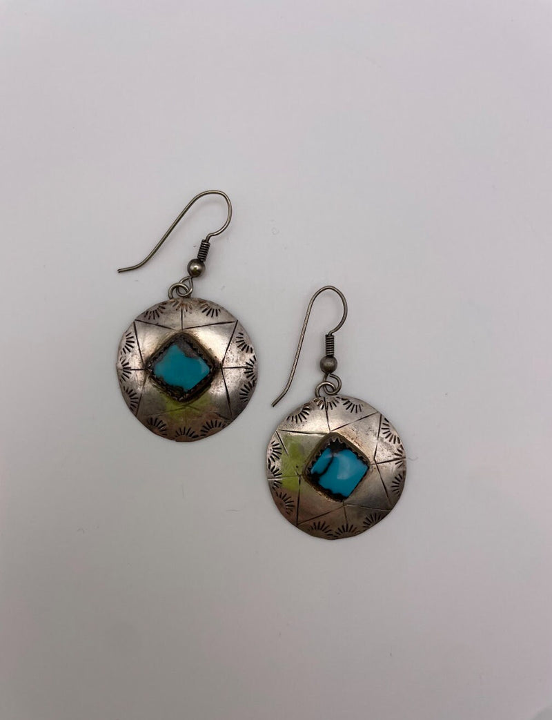 Vintage Native American Navajo Sterling and Turquoise Shield Earrings