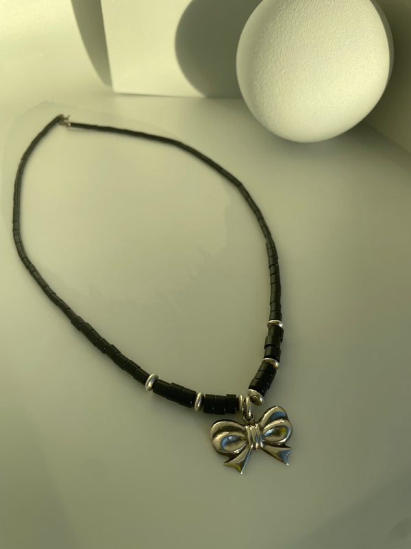 Vintage Bow and Beads Sterling Silver Necklace.