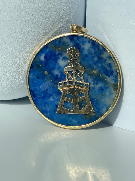 Lapis and 14k Gold Oil Derrik Pendant 1970's Vintage Estate