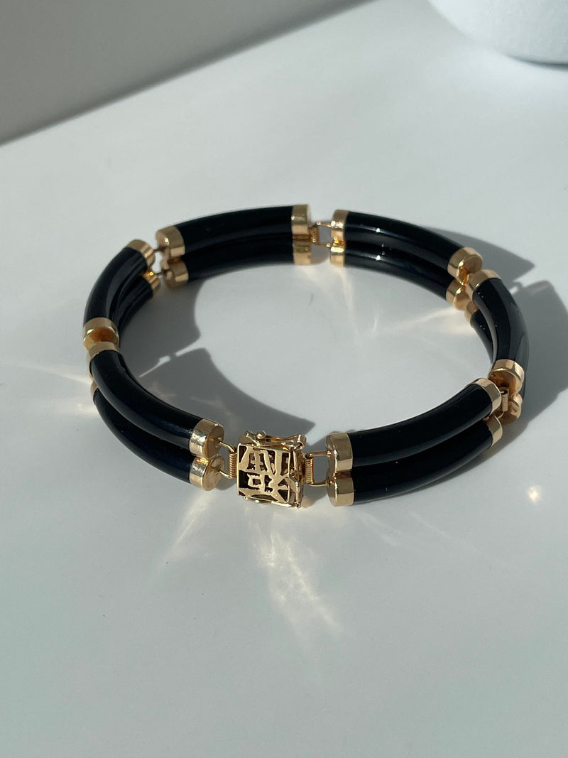 Estate Double Black Onyx and 14k Gold Fortune Bracelet