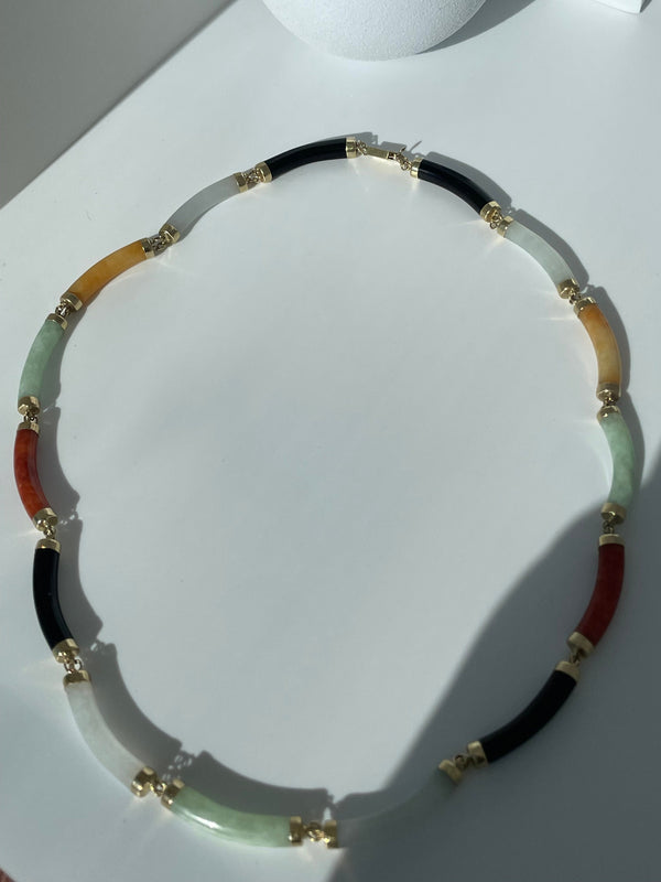 Estate Multicolor Jade Tube Link and 14k Gold Neclace