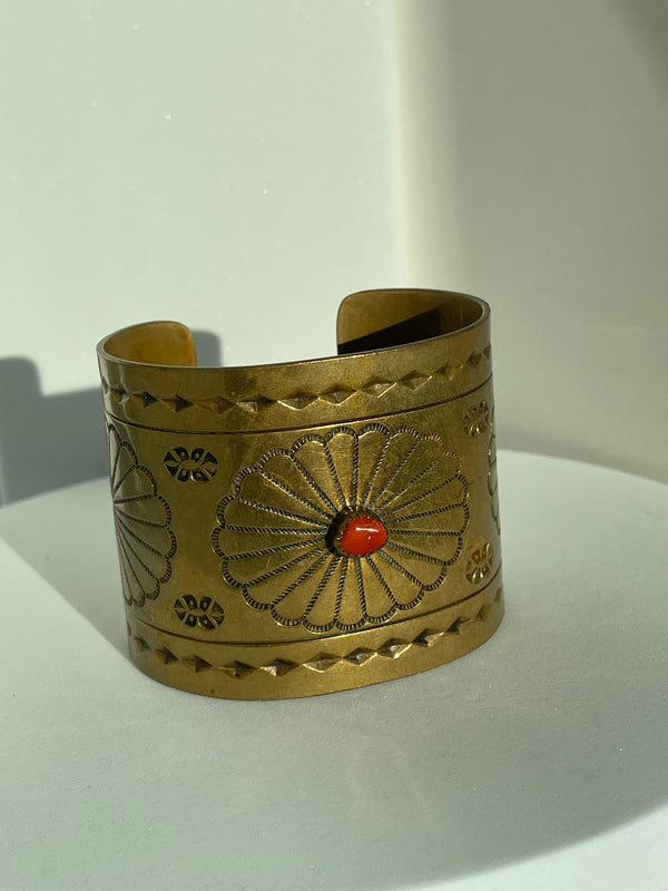 Vintage Southwest Coral and Brass Cuff Bracelet