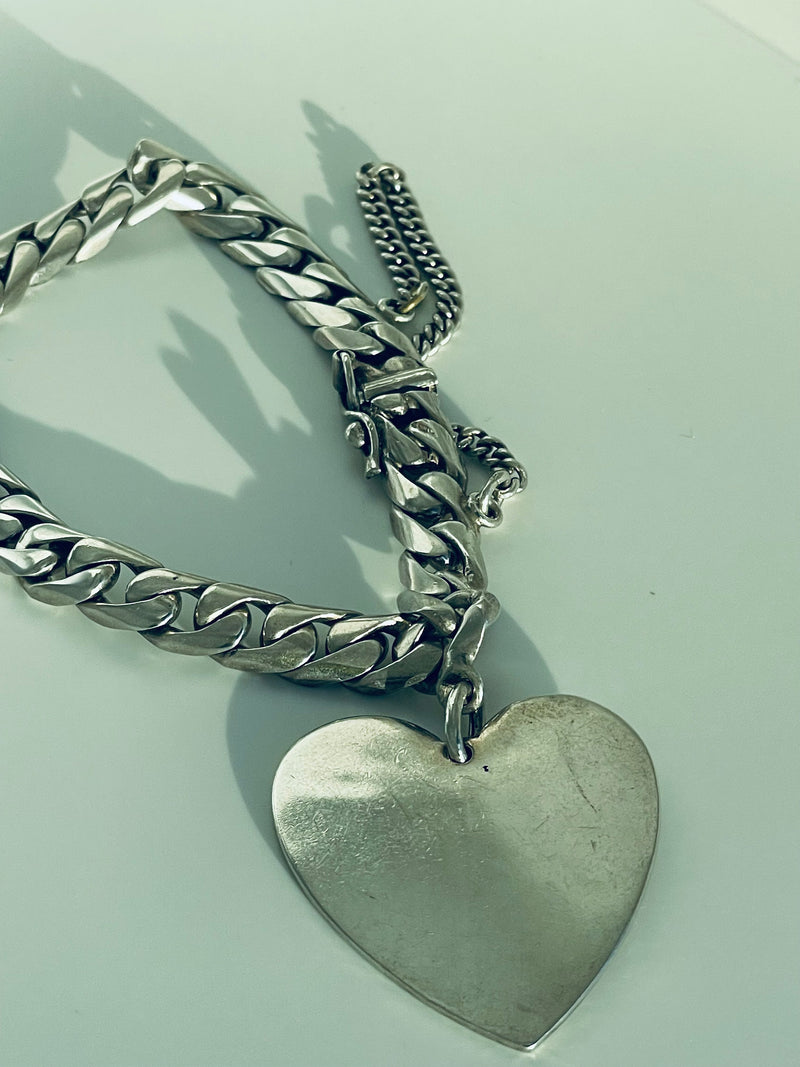 Vintage Sterling Silver Heart and Curb Link ID Bracelet