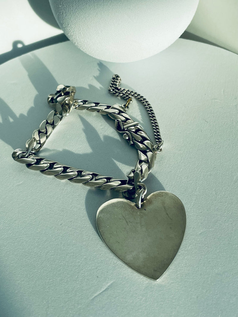 Vintage Sterling Silver Heart and Curb Link ID Bracelet