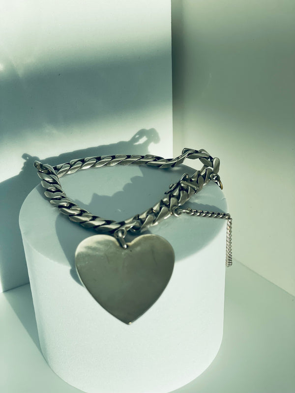 Vintage Sterling Silver Heart and Curb Link ID Bracelet