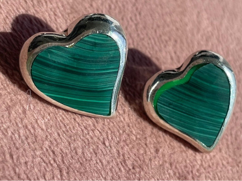 1980’s Malachite and Sterling Silver Inlay Heart Studs Vintage